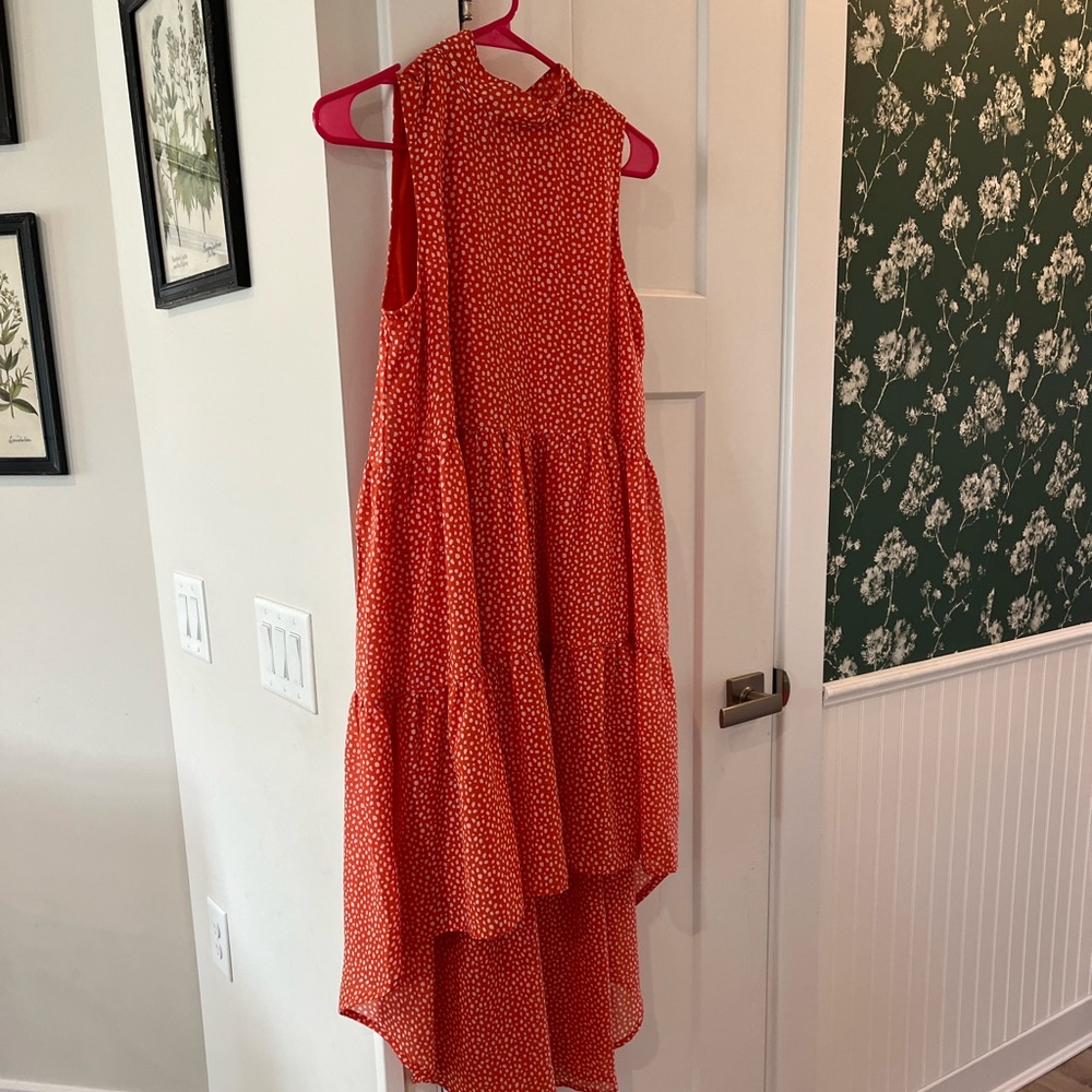 Turquoise Haven High Low Orange Polka Dot Dress